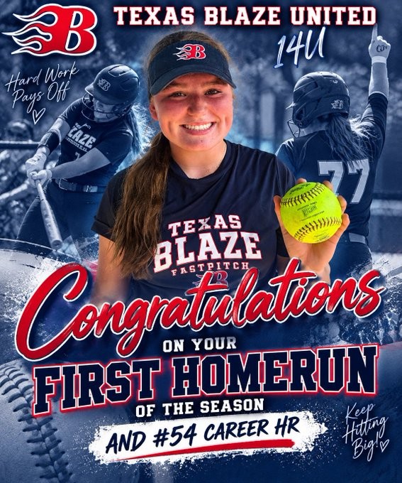 Texas Blaze United graphic celebrating Adeline Camden's first home run of the season and 54th career home run