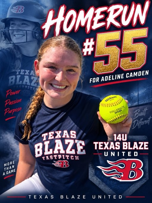 Texas Blaze United graphic celebrating Adeline Camden's 55th career home run
